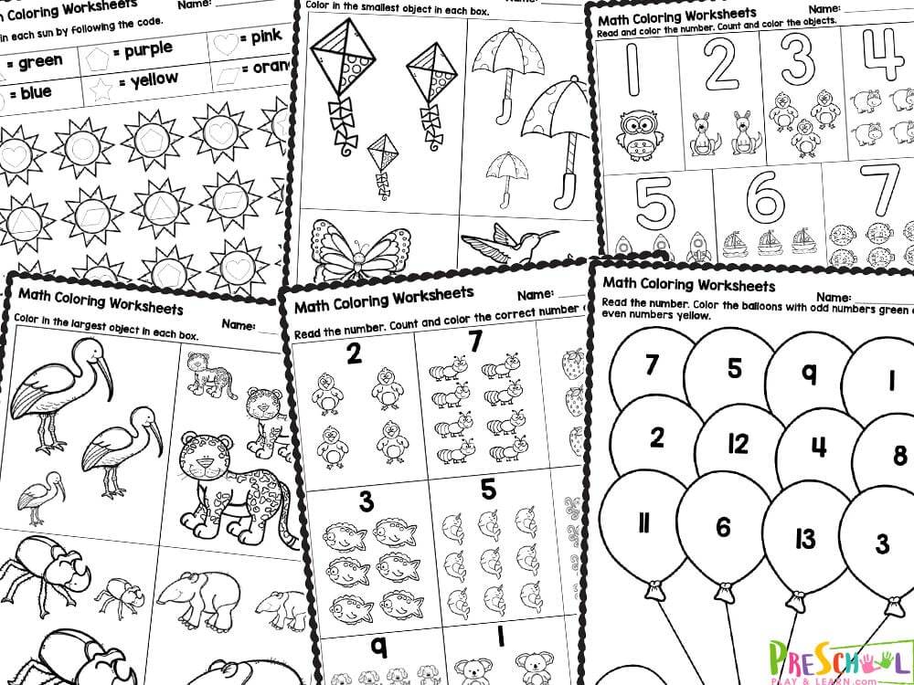 Check out these awesome math coloring pages! These math worksheets for preschool are perfect for helping preschoolers and kindergartners develop fine motor skills while working on number sense, number recognition to 20, counting, and shapes. Just print the math coloring worksheets out, and you're all set to have fun while learning! Whether you are a parent, teacher, or homeschooler – you will love this no-prep activity using free printable maths colouring sheets for helping students learn about numbers and counting.  