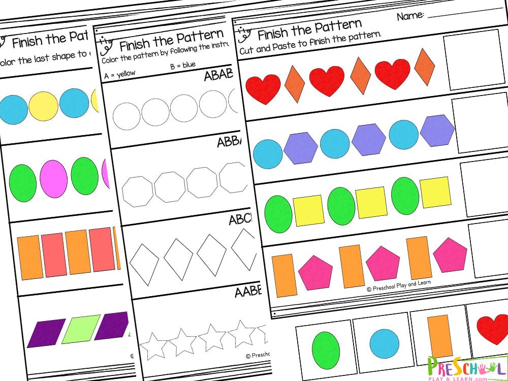 There are sixteen pages of pattern activities . Complete the pattern - color in the last three shapes
Finish the pattern by coloring the last shape
What comes next? Choose from two options and color the correct final shape in the sequence