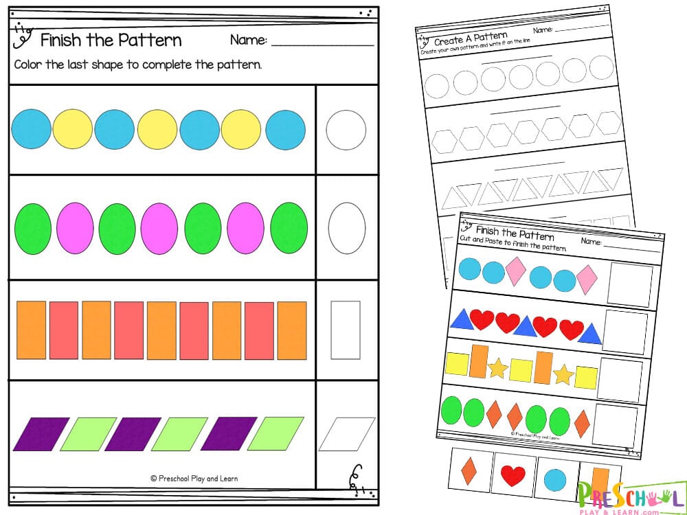 Color the shapes to make: abab patterns, abba patterns,  abcd patterns, aabbcc patterns, aab patterns, abcc patterns, abacad patterns, aaabbbcc patterns
Cut and paste pattern worksheets to finish the pattern 
Create your own pattern and write pattern you created
Create a pattern in the squares and ovals and write the pattern on the line