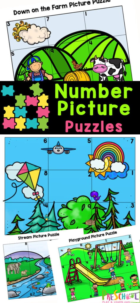 These free printable number picture puzzles for preschoolers are a great to work on number recognition, number matching, following directions, and other pre-k math skills! Grab these number puzzles for kids and you are ready to play and learn while having fun! The activity features various scenes.