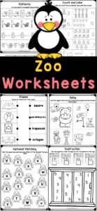 Have a wild time with these super cute, free printable zoo animals worksheets! These worksheet zoo animals allow pre-k, and kindergarten age children to practice math and literacy skills while having fun with their favorite animals. These zoo worksheets include lion, hippo, elephant, penguin, flamingo, tiger, giraffe, snake, moneky, kangaroo, turtle, and of course zoo keepers too. Simply download and print the printable zoo worksheet for preschool and you are ready to go!