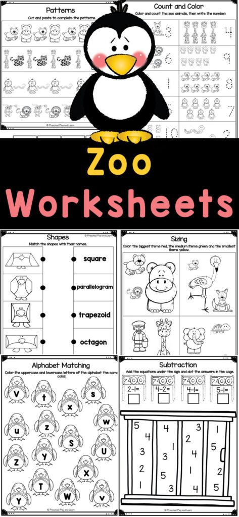 Have a wild time with these super cute, free printable zoo animals worksheets! These worksheet zoo animals allow pre-k, and kindergarten age children to practice math and literacy skills while having fun with their favorite animals. These zoo worksheets include lion, hippo, elephant, penguin, flamingo, tiger, giraffe, snake, moneky, kangaroo, turtle, and of course zoo keepers too. Simply download and print the printable zoo worksheet for preschool and you are ready to go!