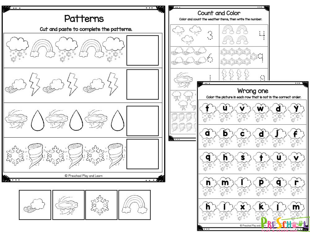 Cut and paste to complete the weather patterns
Temperature Sizing - color the pictures according to the code
Storm Number Tracing - Trace the numbers from one to 20

Lightening Numbers - Color the odd and even numbers according to the code
Changing Weather - Count and color the images then trace the number
Count, Cut, and Paste the tally marks in the correct spot
Stormy Weather Addition - Complete the addition equations, then dot all the answers
Subtraction Storms - Complete the subtraction equations, then dot all the answers