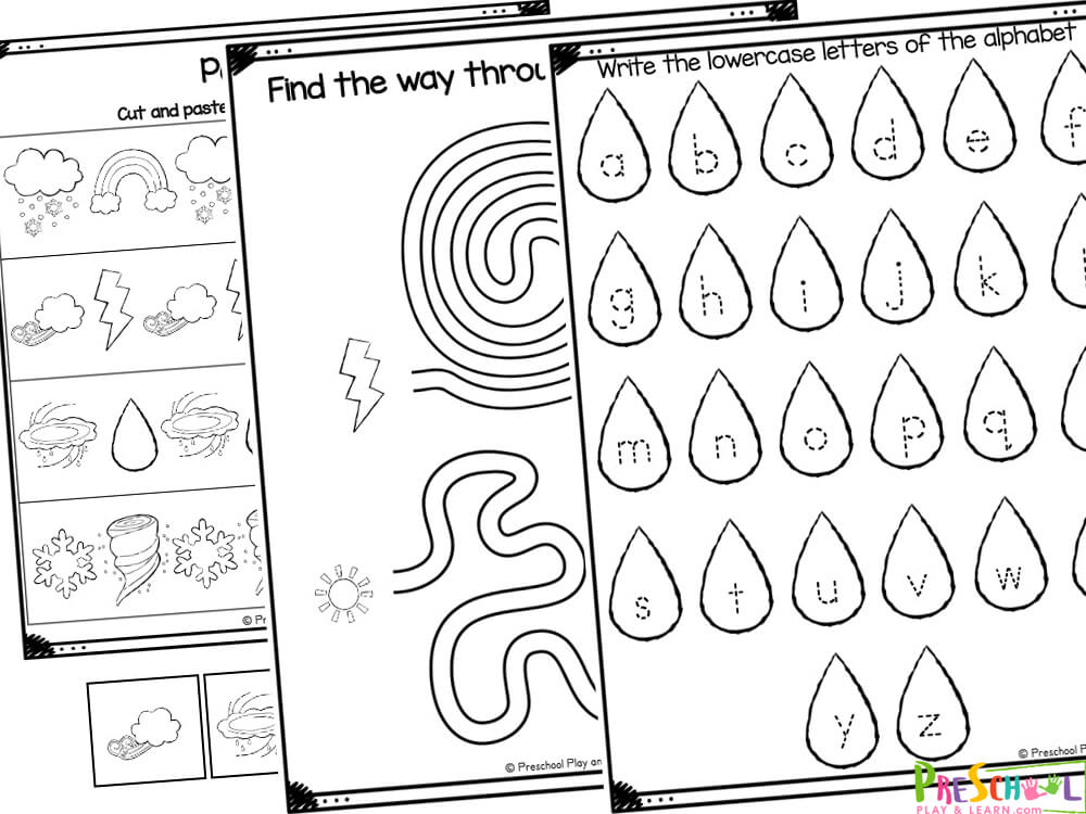 Cut and paste the pictures into the correct columns - weather vs not weather Trace the lines from the weather systems Navigating Weather: Find your way through the mazes Snow Storm Alphabetical Order: Cross out the one that is in the wrong place Rain Drop Letter Tracing: Trace the lowercase letters of the alphabet Trace the uppercase letters of the alphabet Cloud Letter Tracing: Trace and color the uppercase and lowercase letters of the alphabet the same color