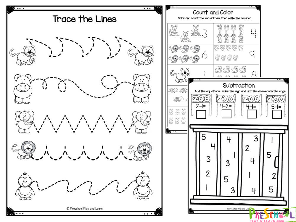 Kangaroo Color the odd and even numbers according to the code Zoo animal count and color the images then trace the number Cute animals cut and paste the tally marks in the correct spot Zoo Keeper - complete the addition equations, then dot all the answers Goodnight Gorilla inspired math activity - complete the subtraction equations, then dot all the answers