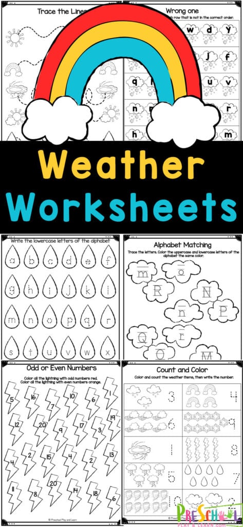 Grab these super cute, free printable weather worksheets! These weather worksheets for preschoolers allow students to work on their fine motor skills, math and literacy skills. These kindergarten weather worksheets are perfect for a wide range of ages from pre-k, ek5, and lk5 students. Simply download and print the preschool weather worksheets and you are ready to go!